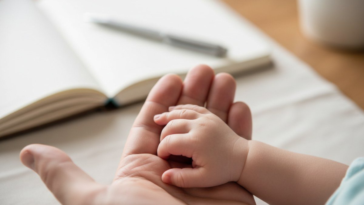 Mãozinha delicada de um bebê recém-nascido repousando sobre a mão de um adulto, com um caderno e caneta desfocados ao fundo, simbolizando o amor, o cuidado e a reflexão na escolha do nome de uma criança.