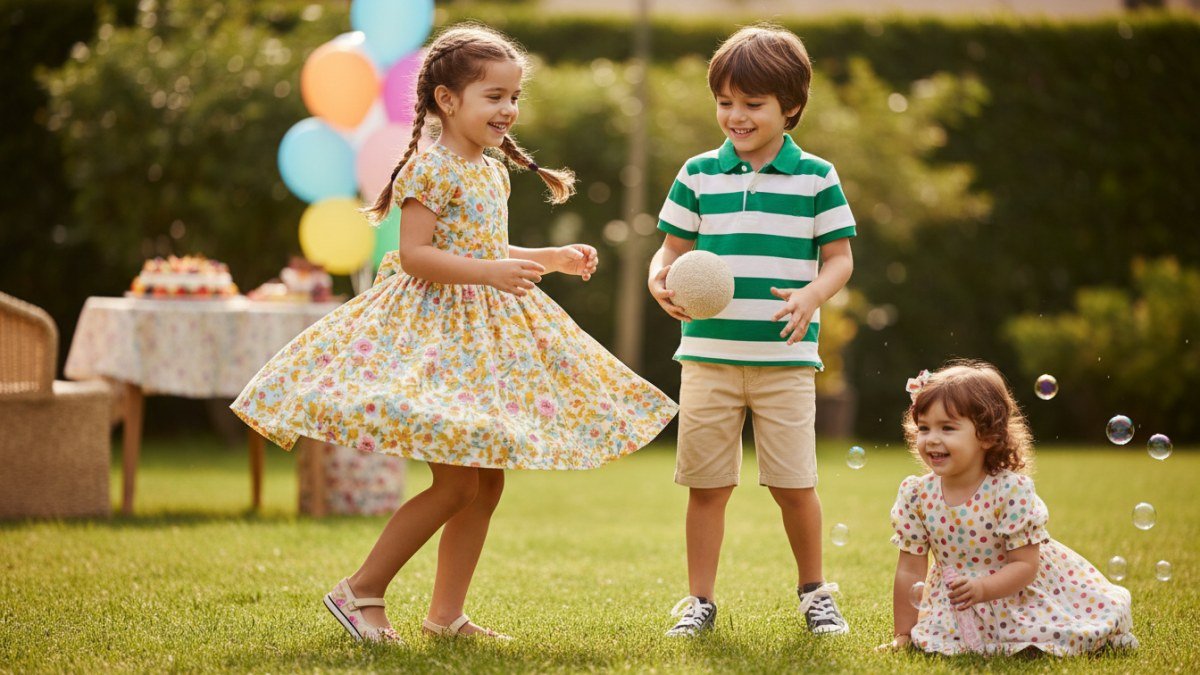 Crian&ccedil;as felizes brincando e rindo em uma festa de anivers&aacute;rio, vestindo roupas infantis confort&aacute;veis e estilosas que permitem total liberdade de movimento para a celebra&ccedil;&atilde;o.