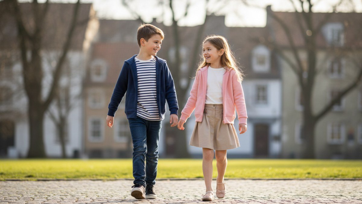 Duas crian&ccedil;as, um menino e uma menina, vestindo casacos de moletom estilosos e confort&aacute;veis em um ambiente urbano. O menino usa moletom azul marinho e jeans, a menina moletom rosa pastel e saia, demonstrando a versatilidade do look infantil com moletom para o dia a dia.