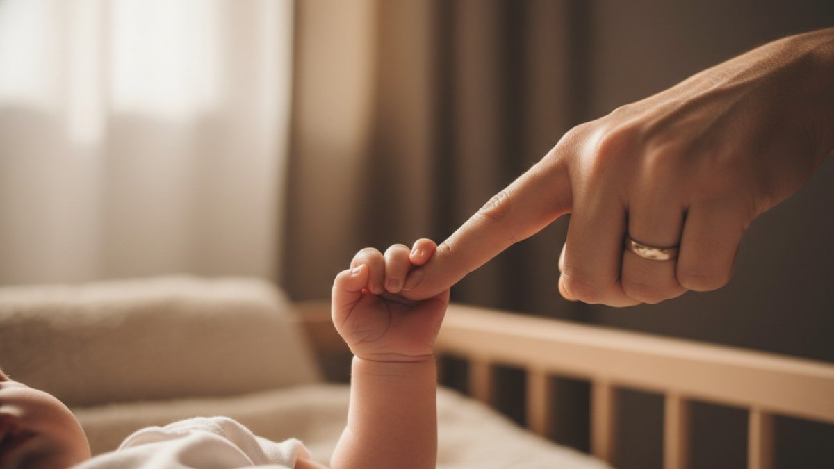 Mãozinha delicada de um bebê recém-nascido segurando o dedo de um adulto, em um ambiente suave com luz quente, simbolizando afeto e a escolha de um nome clássico e atemporal.