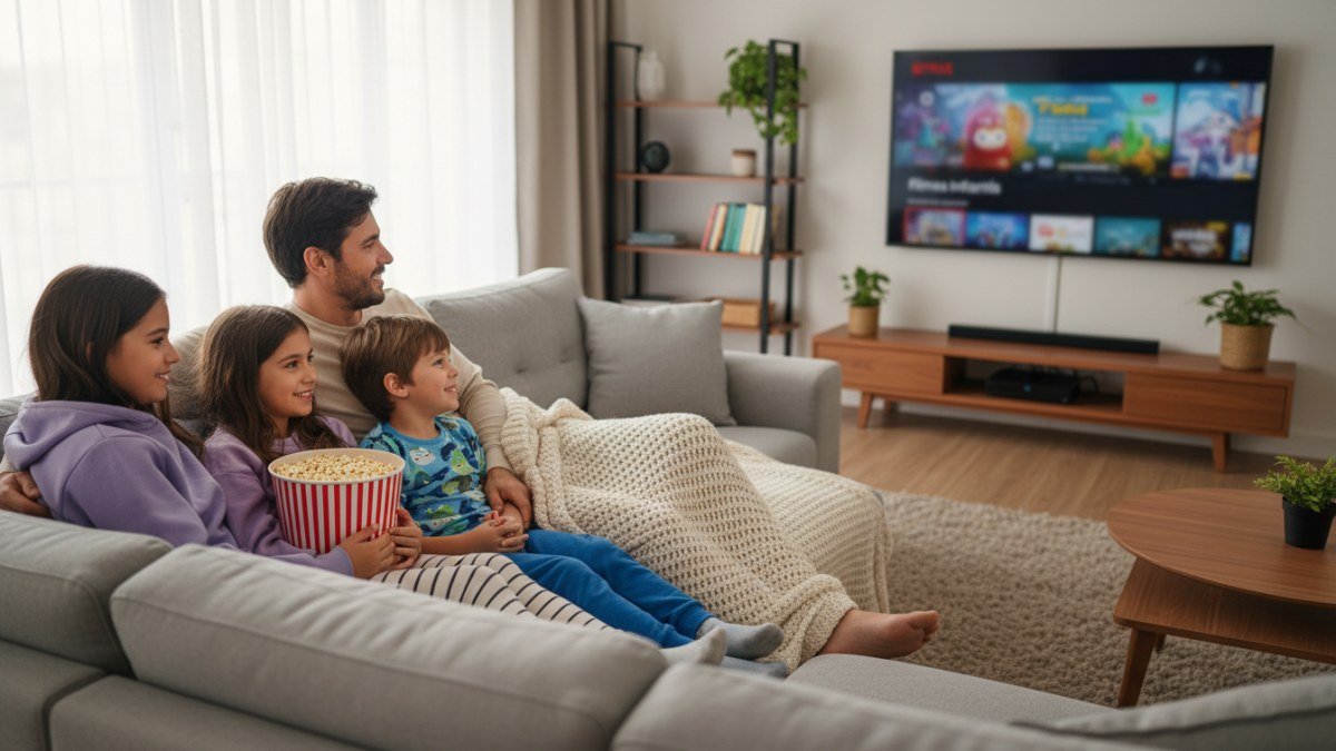 Fam&iacute;lia feliz assistindo a um filme infantil na Netflix em um sof&aacute; confort&aacute;vel, com pais e duas crian&ccedil;as aconchegadas sob uma manta, com pipoca e express&otilde;es de alegria, em um ambiente dom&eacute;stico acolhedor.