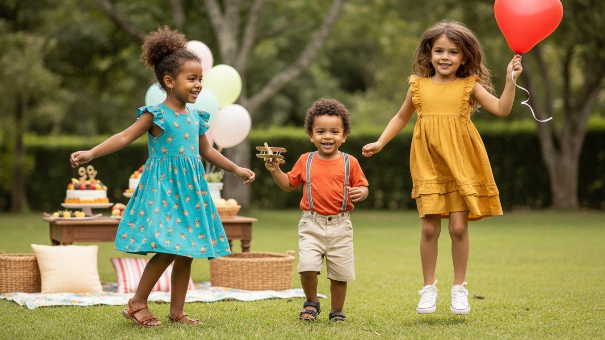 Crian&ccedil;as felizes em uma festa de anivers&aacute;rio ao ar livre, vestindo roupas infantis coloridas e confort&aacute;veis que permitem brincar com liberdade e estilo.