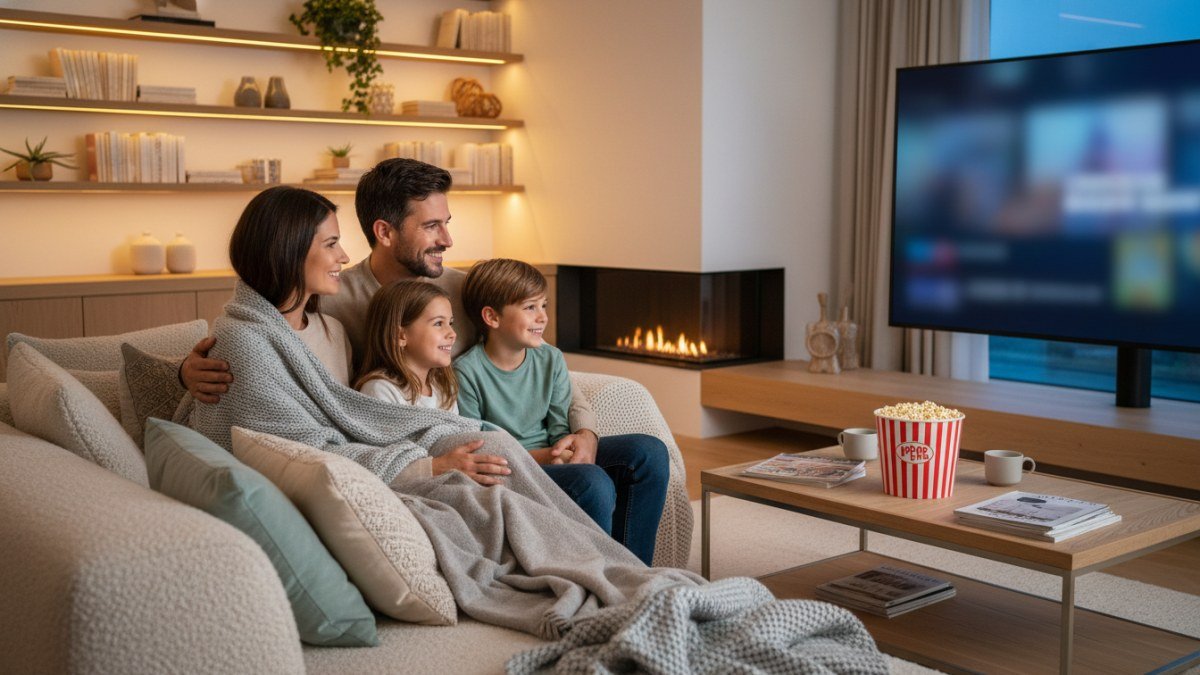 Fam&iacute;lia (pais e crian&ccedil;as) assistindo a um filme infantil no Prime Video em casa, aconchegados no sof&aacute; com cobertores e pipoca, desfrutando de um momento de cinema em fam&iacute;lia e conforto.