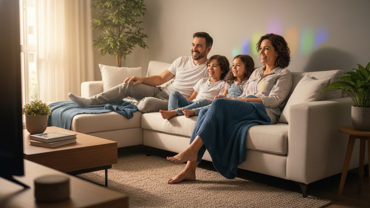 Fam&iacute;lia feliz assistindo s&eacute;ries infantis em streaming no sof&aacute; da sala, com pai, m&atilde;e e duas crian&ccedil;as de diferentes idades. A imagem representa momentos de lazer e conex&atilde;o familiar atrav&eacute;s do entretenimento digital.