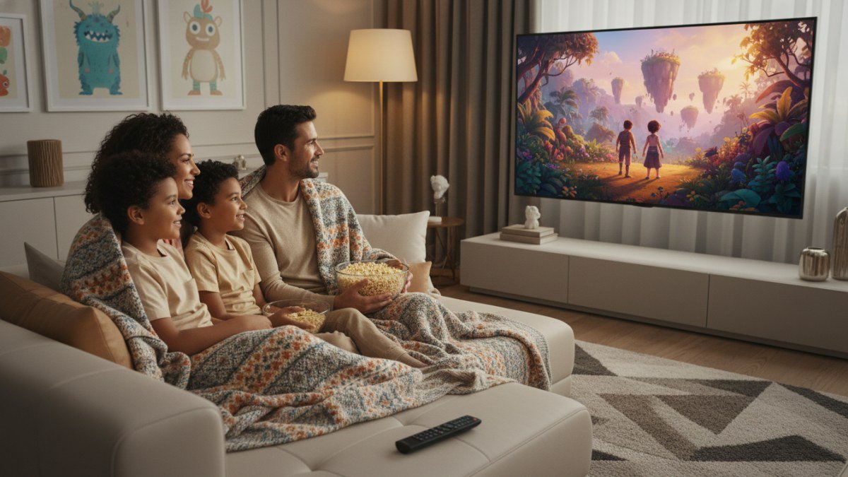 Fam&iacute;lia feliz (pai, m&atilde;e, menino e menina) assistindo a um filme de aventura animado na televis&atilde;o, aconchegados no sof&aacute; com pipoca, criando um momento de conex&atilde;o e divers&atilde;o em casa.