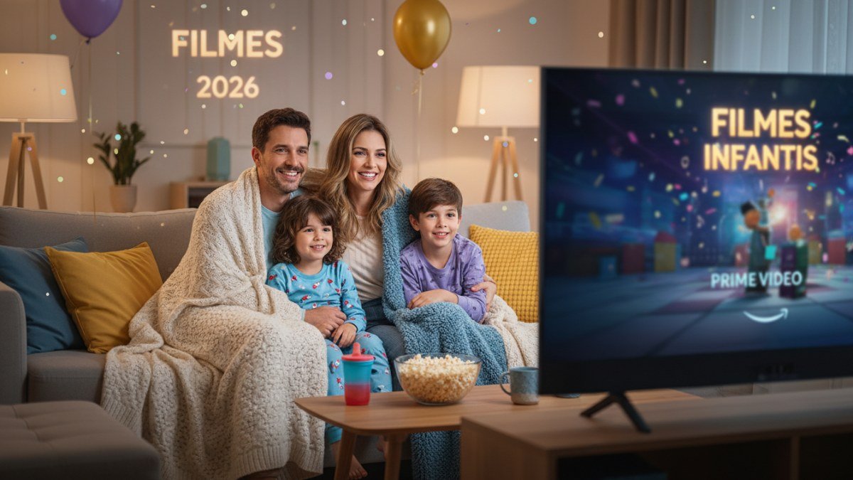 Fam&iacute;lia feliz e confort&aacute;vel, incluindo pais e filhos de diferentes idades, assistindo a um filme animado e musical no streaming, com pipoca, em um ambiente aconchegante. As crian&ccedil;as vestem roupas macias.