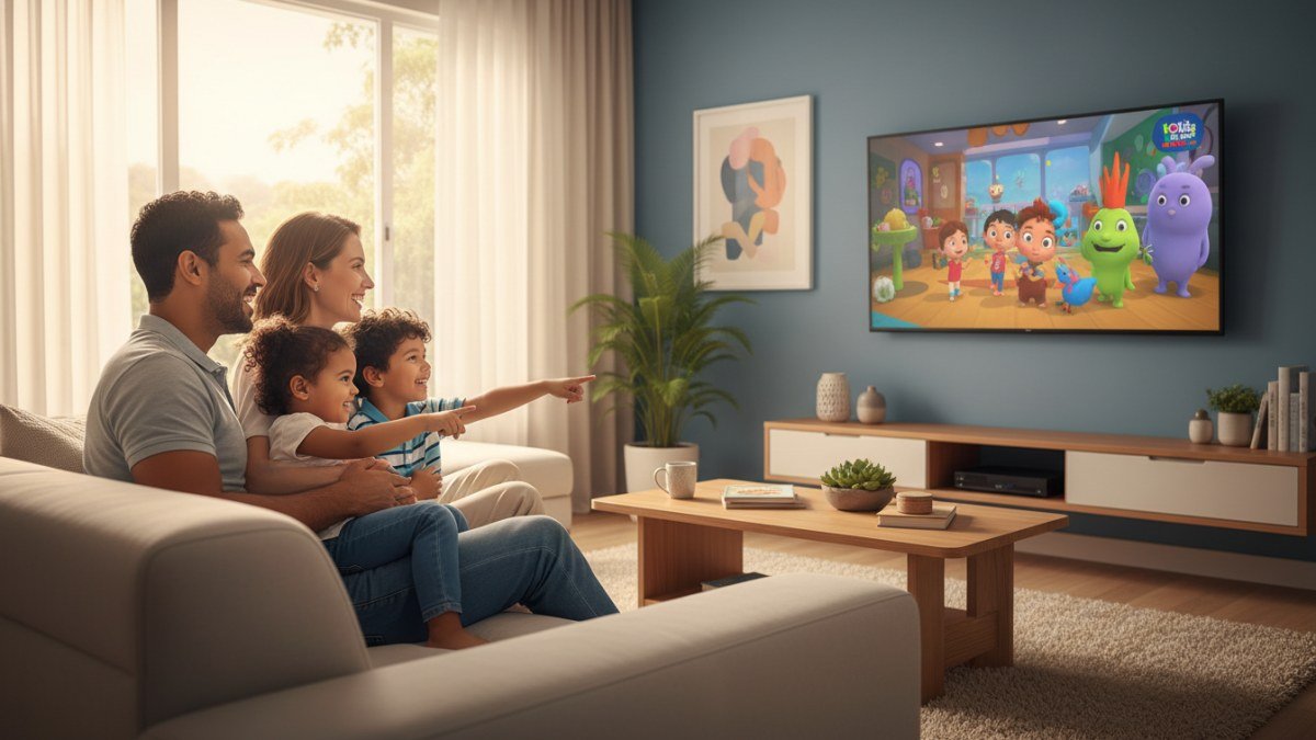 Fam&iacute;lia com pais e duas crian&ccedil;as pequenas (2-5 anos) assistindo a uma s&eacute;rie infantil animada e colorida em um sof&aacute; confort&aacute;vel, em uma sala de estar aconchegante. A imagem transmite um momento de lazer e uni&atilde;o familiar.