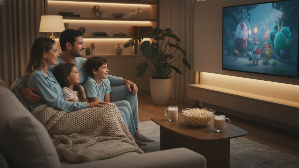 Fam&iacute;lia reunida no sof&aacute; assistindo a um filme infantil na Netflix, com crian&ccedil;as vestindo roupas confort&aacute;veis, simbolizando um momento de lazer e conex&atilde;o em casa.