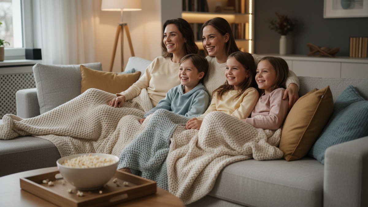 Fam&iacute;lia (pai, m&atilde;e e duas crian&ccedil;as) aconchegada no sof&aacute; com cobertores, assistindo a um filme e desfrutando de um momento de lazer e uni&atilde;o em casa.