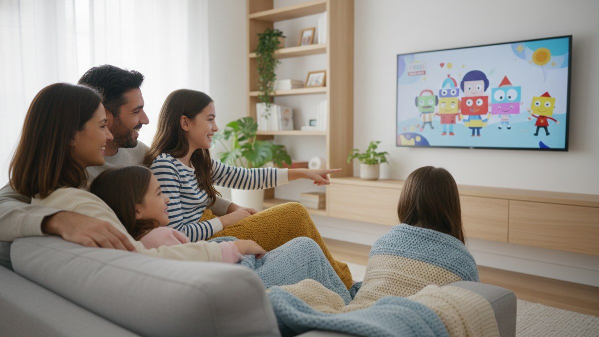 Fam&iacute;lia feliz, incluindo pais e filhos, confortavelmente reunida na sala de estar assistindo a uma s&eacute;rie infantil em um servi&ccedil;o de streaming, simbolizando a uni&atilde;o e o lazer em fam&iacute;lia.