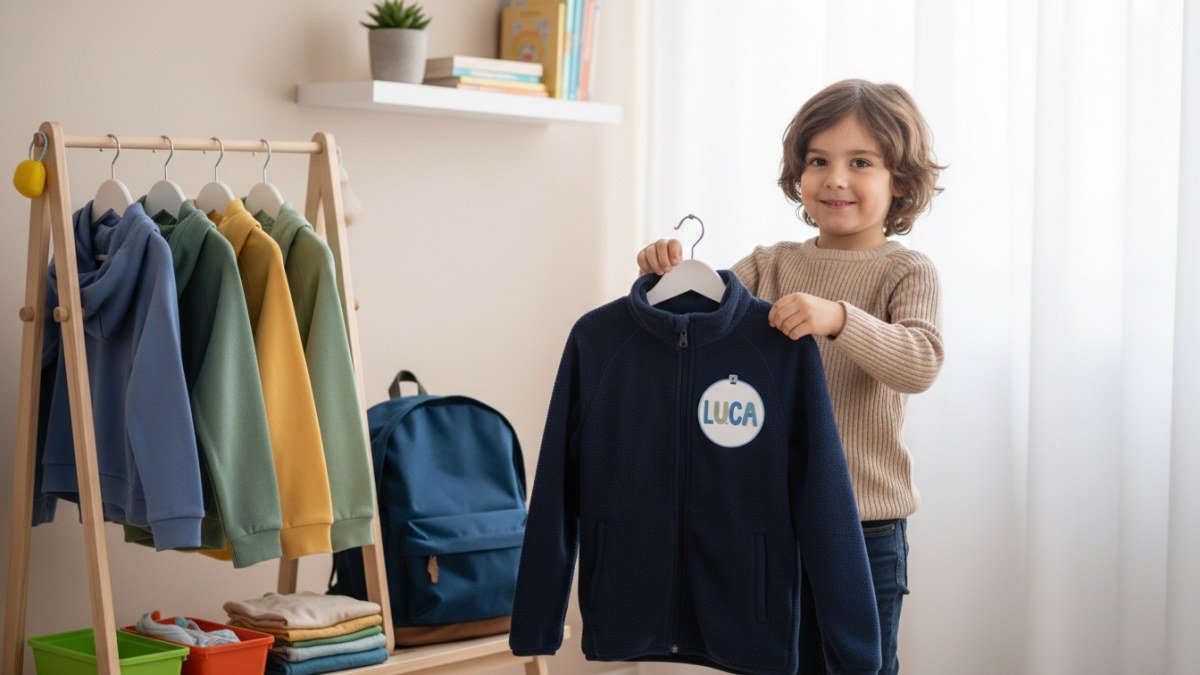 Criança feliz organizando um casaco etiquetado perto de sua mochila escolar aberta, com outras roupas infantis penduradas em um cabideiro organizado. A imagem ilustra estratégias de identificação e organização de roupas para a escola.