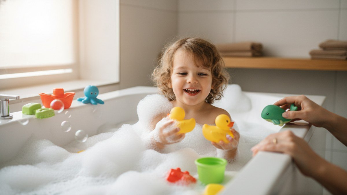 Crian&ccedil;a sorridente entre 4 e 6 anos brincando com patinhos de borracha e muita espuma em uma banheira. A cena, iluminada com tons quentes, transmite alegria, conforto e um momento divertido na rotina do banho, com a presen&ccedil;a discreta de um adulto ao fundo garantindo seguran&ccedil;a.