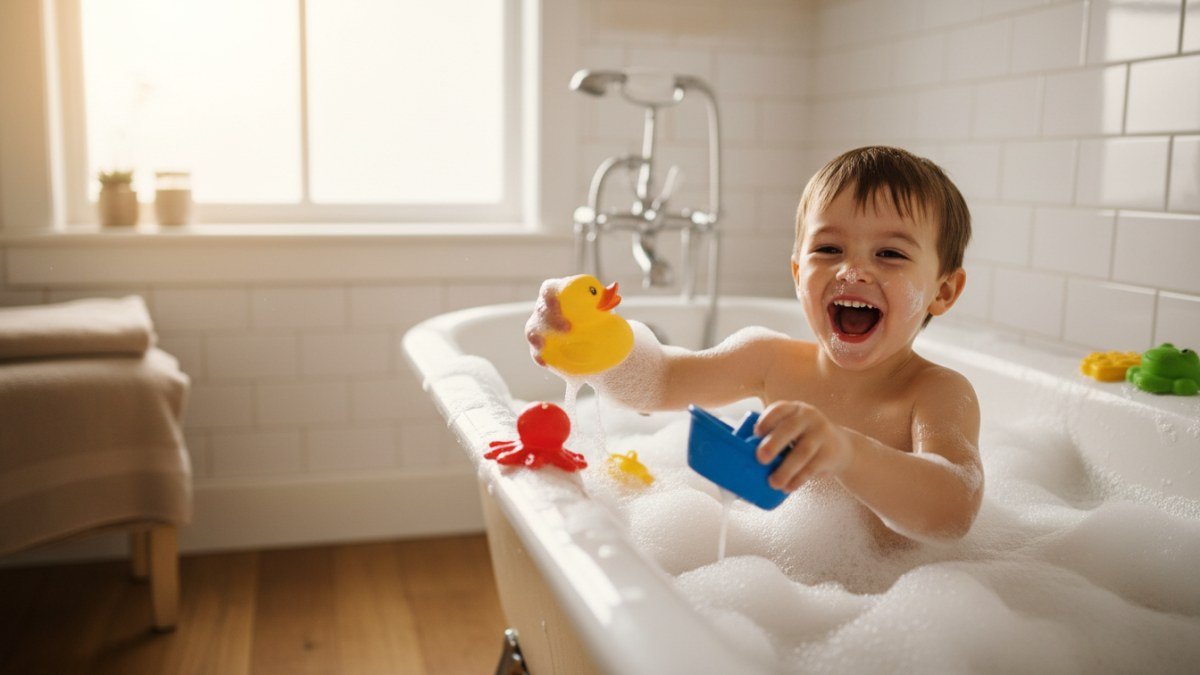 Crian&ccedil;a sorridente e feliz brincando com bolhas e brinquedos na banheira, como patinhos de borracha, transformando a hora do banho em um momento divertido e relaxante.