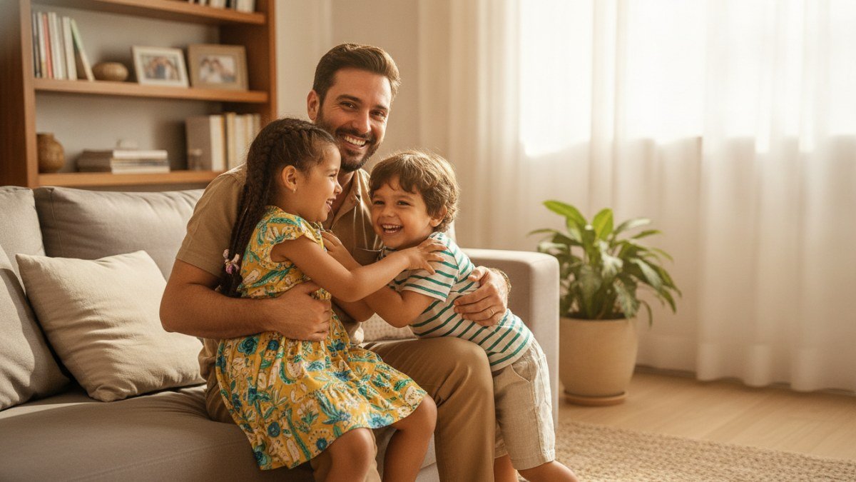Pai e seus dois filhos, um menino e uma menina, abraçados e sorrindo em um momento de alegria e afeto familiar. Eles usam roupas infantis casuais e confortáveis da Vitrine Madri, em um ambiente iluminado.