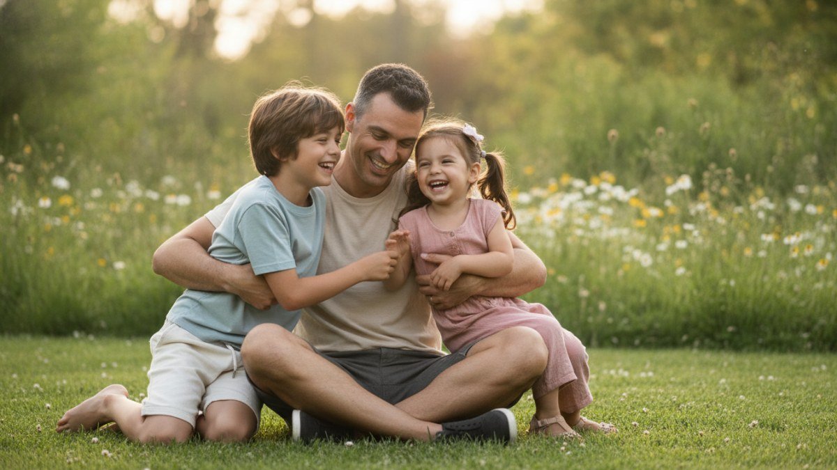 Pai abraçando seus dois filhos, um menino e uma menina, em um momento de alegria e carinho ao ar livre. As crianças vestem roupas confortáveis e estilosas.