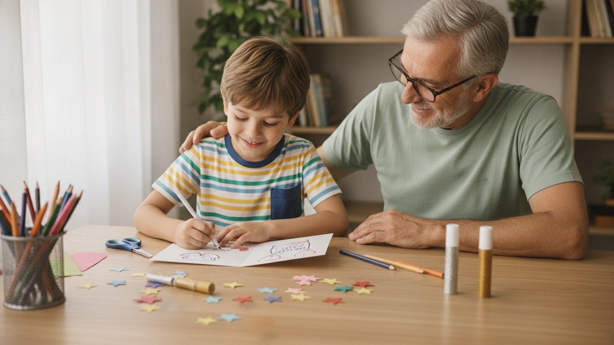Crian&ccedil;a e pai sorrindo enquanto criam juntos um cart&atilde;o de Dia dos Pais em uma mesa cheia de materiais de artesanato, transmitindo a alegria de expressar amor familiar.