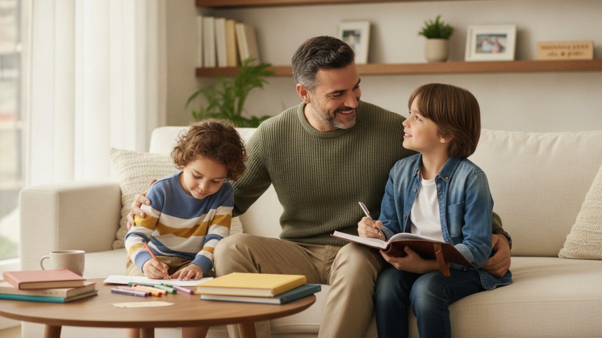 Pai interagindo com dois filhos de idades diferentes, um desenhando um cart&atilde;o e outro escrevendo uma mensagem para o Dia dos Pais, em um ambiente familiar e acolhedor.