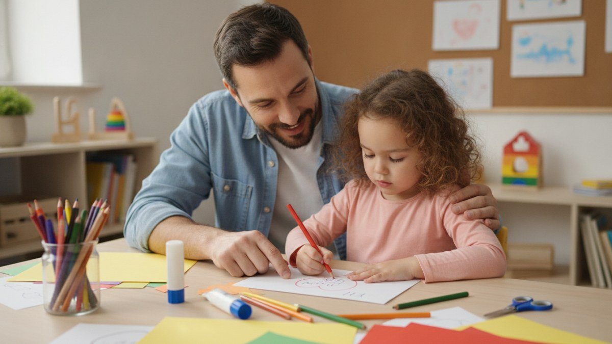 Pai e crian&ccedil;a pequena desenhando ou escrevendo juntos um cart&atilde;o de Dia dos Pais em uma mesa com materiais de arte, simbolizando a cria&ccedil;&atilde;o de mensagens personalizadas e cheias de carinho na escola.