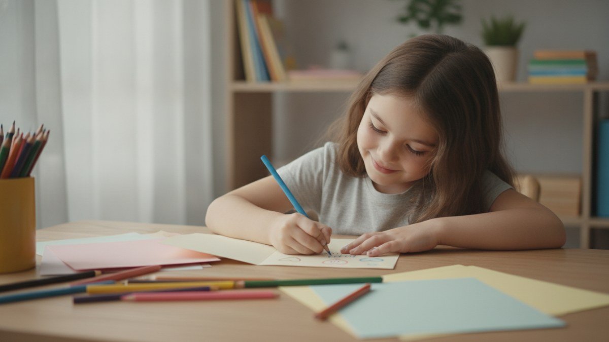 Crian&ccedil;a sorridente e concentrada desenhando ou escrevendo um cart&atilde;o de Dia dos Pais em uma mesa com materiais de arte, como l&aacute;pis de cor e giz de cera. A cena transmite carinho e criatividade infantil na prepara&ccedil;&atilde;o de uma homenagem para o pai.