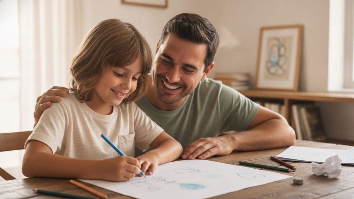 Pai e filho (ou filha) criando juntos uma homenagem especial para o Dia dos Pais na escola. A crian&ccedil;a, vestindo roupa infantil confort&aacute;vel, desenha ou escreve uma mensagem com o apoio e carinho do pai, simbolizando a express&atilde;o genu&iacute;na e o amor familiar.