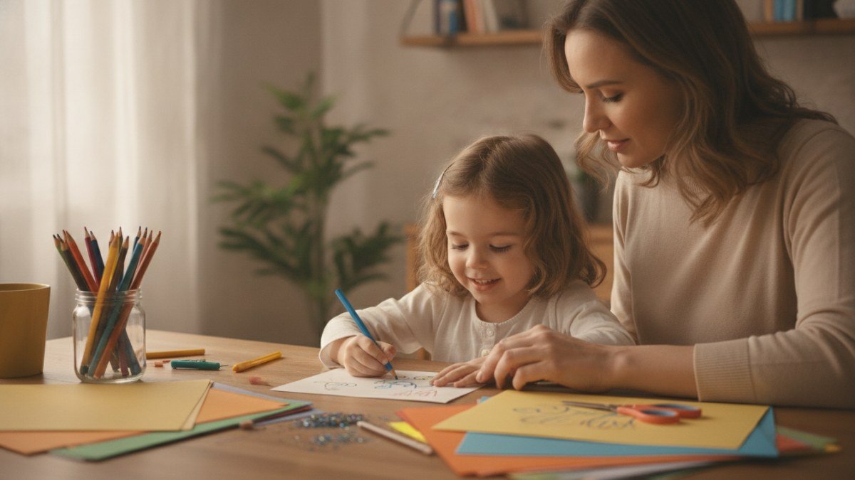 Crian&ccedil;a e adulto criando um cart&atilde;o de Dia dos Pais artesanal com diversos materiais coloridos, em um momento de carinho e criatividade.