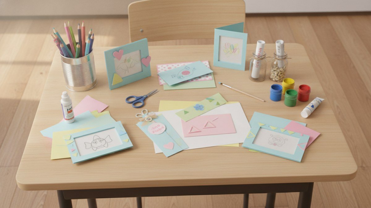 Mesa escolar organizada com diversas lembrancinhas artesanais para o Dia dos Pais, como porta-retratos de papel&atilde;o, cart&otilde;es coloridos e marcadores de p&aacute;gina, junto a materiais simples de educa&ccedil;&atilde;o infantil. A imagem transmite criatividade e afeto.