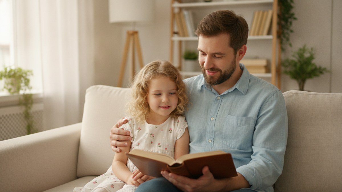 Pai e filha lendo um livro juntos em um sof&aacute;, em um momento de carinho e f&eacute;, simbolizando a paternidade e a transmiss&atilde;o de valores familiares.