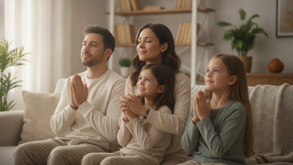 Fam&iacute;lia reunida em ora&ccedil;&atilde;o em casa, com pais e filhos de m&atilde;os dadas em um momento de f&eacute; e afeto.