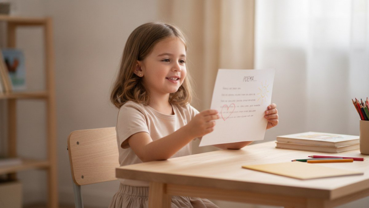 Crian&ccedil;a feliz e concentrada, vestindo roupas confort&aacute;veis, ensaiando um poema de Dia dos Pais em uma mesa, com uma folha decorada na m&atilde;o, em ambiente acolhedor.