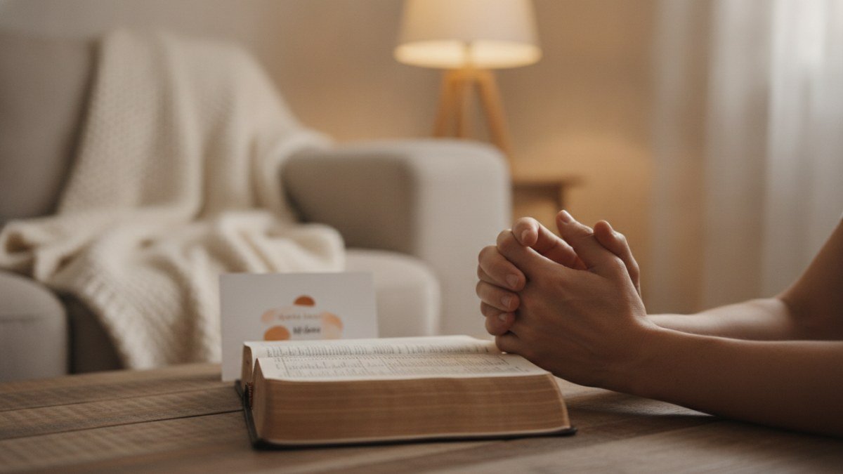 M&atilde;os de um adulto e uma crian&ccedil;a unidas em ora&ccedil;&atilde;o, simbolizando a f&eacute; e o carinho familiar, com uma B&iacute;blia e um cart&atilde;o ao fundo.