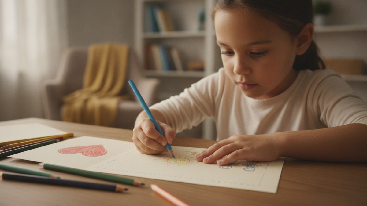 M&atilde;os de uma crian&ccedil;a decorando um cart&atilde;o artesanal de Dia dos Pais com l&aacute;pis de cor e desenhos simples, deixando espa&ccedil;o para um poema carinhoso. Sugere criatividade e afeto na homenagem.