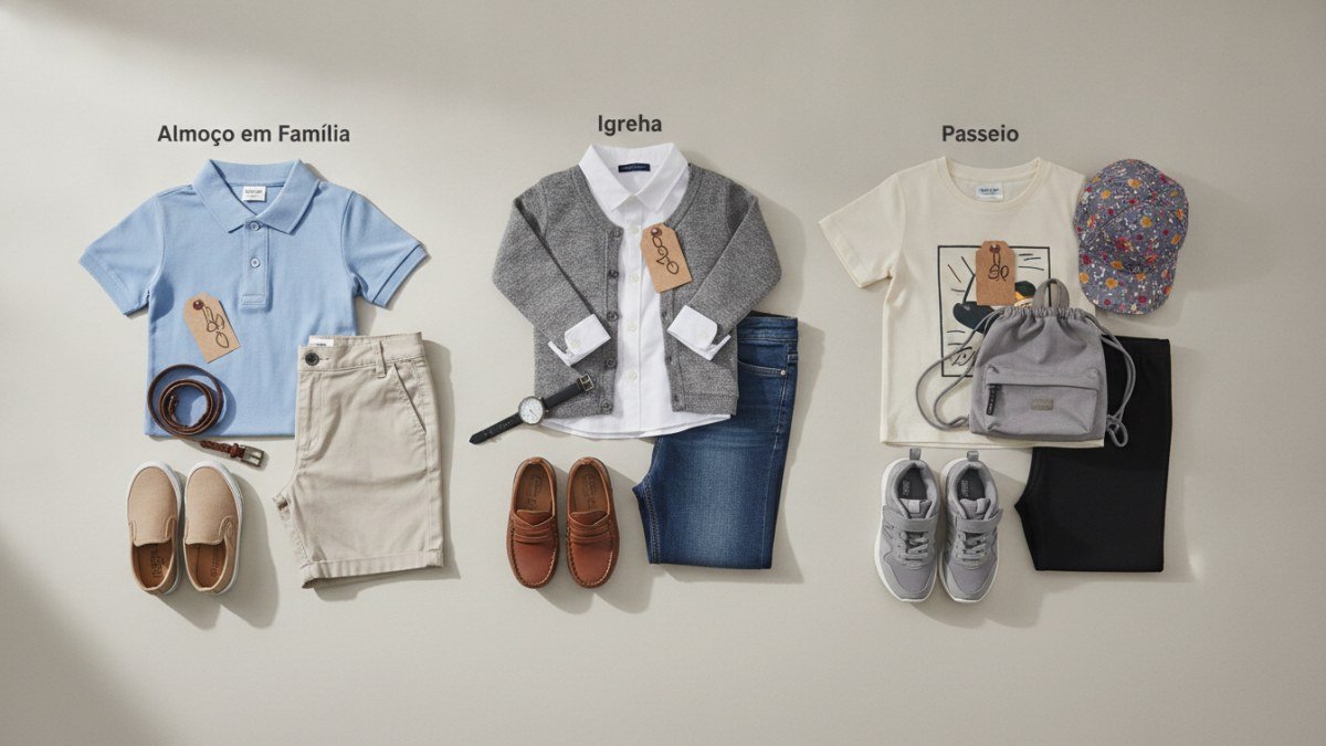 Composi&ccedil;&atilde;o de looks infantis e juvenis para o Dia dos Pais, com sugest&otilde;es de roupas confort&aacute;veis e estilosas para almo&ccedil;o em fam&iacute;lia, ida &agrave; igreja e passeios, destacando a versatilidade e qualidade da moda Vitrine Madri.