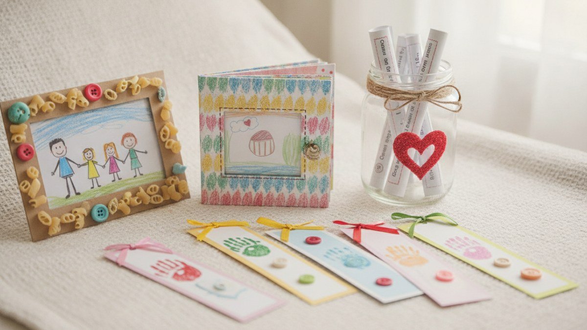 Uma variedade de presentes de Dia dos Pais feitos &agrave; m&atilde;o por crian&ccedil;as, incluindo um mini&aacute;lbum de fotos e desenhos, um pote de vidro com 'cupons de momentos juntos', um porta-retrato artesanal e marcadores de p&aacute;gina personalizados, dispostos sobre uma mesa.