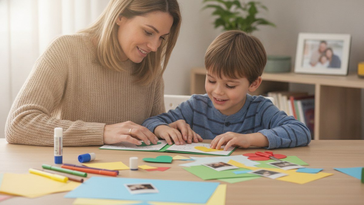 Crian&ccedil;a e adulto criando um mini-&aacute;lbum artesanal com fotos e desenhos em uma mesa, simbolizando um presente de Dia dos Pais feito &agrave; m&atilde;o com carinho e colabora&ccedil;&atilde;o familiar.