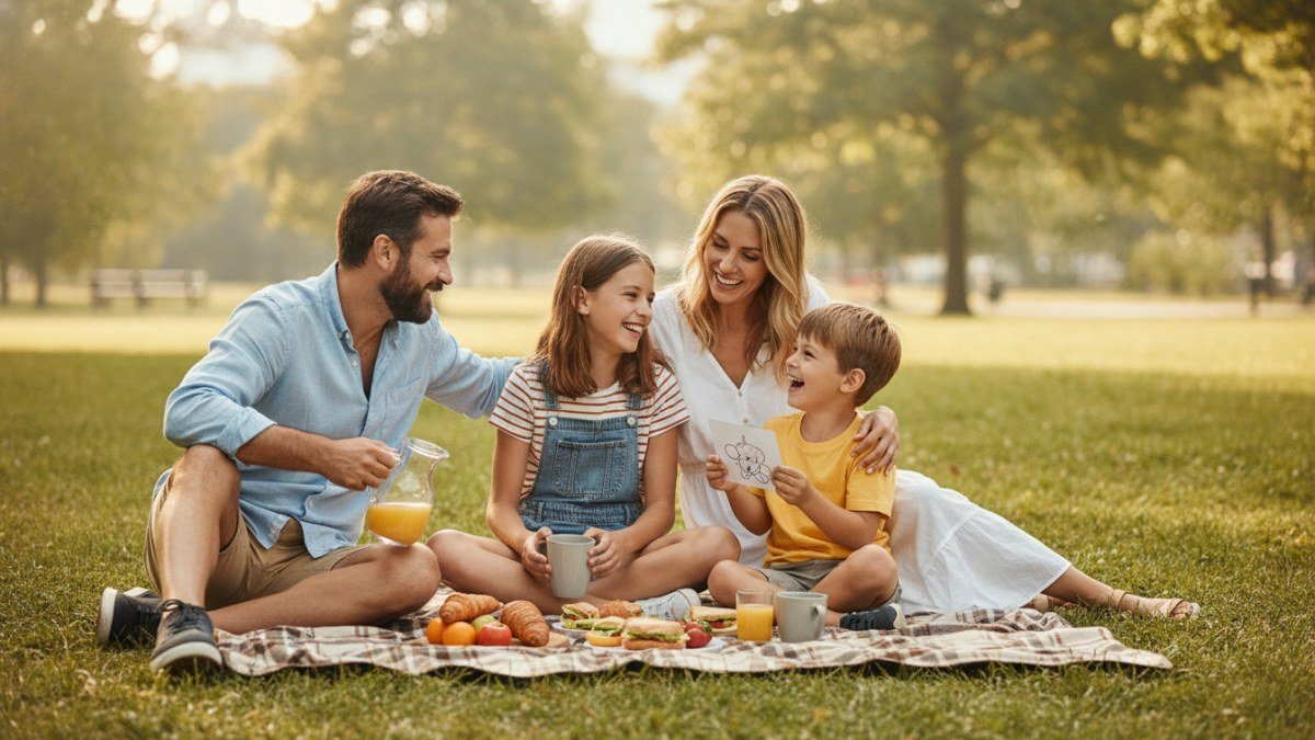 Fam&iacute;lia celebrando o Dia dos Pais com um caf&eacute; da manh&atilde; ou piquenique simples. Pai, m&atilde;e e duas crian&ccedil;as sorrindo e interagindo, simbolizando a alegria da conex&atilde;o familiar e a celebra&ccedil;&atilde;o afetiva sem gastos excessivos.