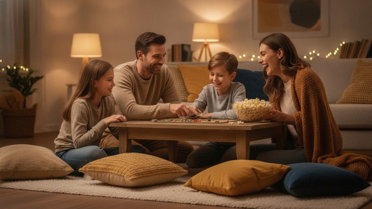 Fam&iacute;lia (pai, m&atilde;e e filhos) rindo e interagindo enquanto jogam um jogo de tabuleiro em uma sala de estar aconchegante &agrave; noite, ilustrando um Dia dos Pais celebrado com atividades simples e afeto.