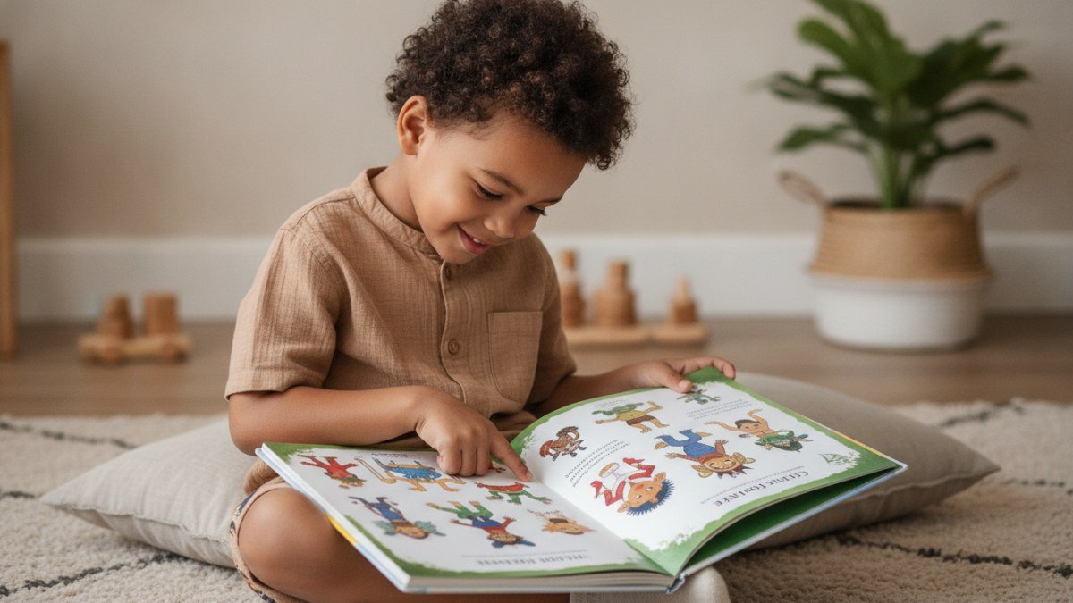 Crian&ccedil;a lendo um livro ilustrado sobre folclore brasileiro com express&atilde;o de curiosidade e encanto.