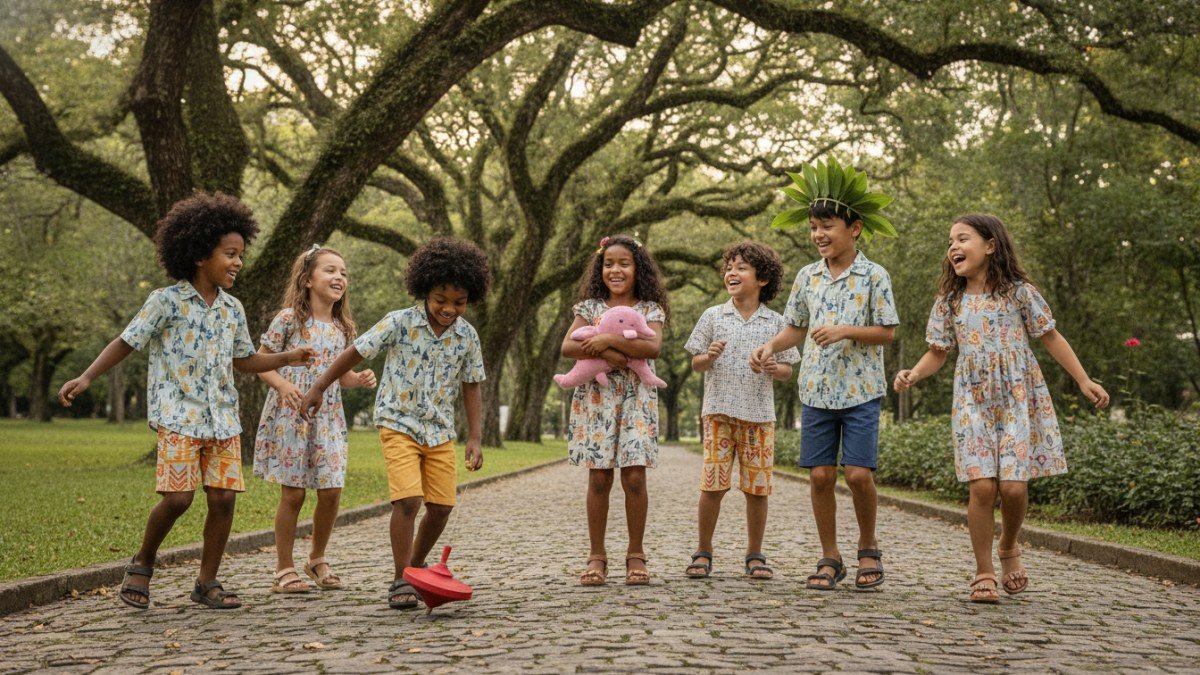 Grupo de crian&ccedil;as brincando e se divertindo em um parque, com elementos que remetem sutilmente a personagens do folclore brasileiro.