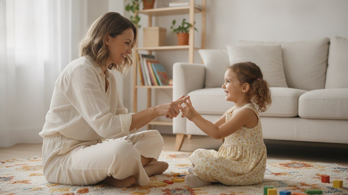 M&atilde;e e filha brincando com as m&atilde;os, recitando uma parlenda em um ambiente acolhedor de casa.