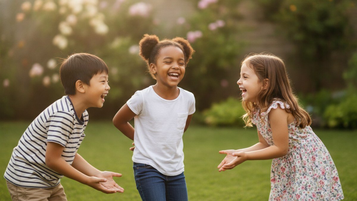 Crian&ccedil;as brincando juntas em um parque, sorrindo e gesticulando ao recitar parlendas populares.