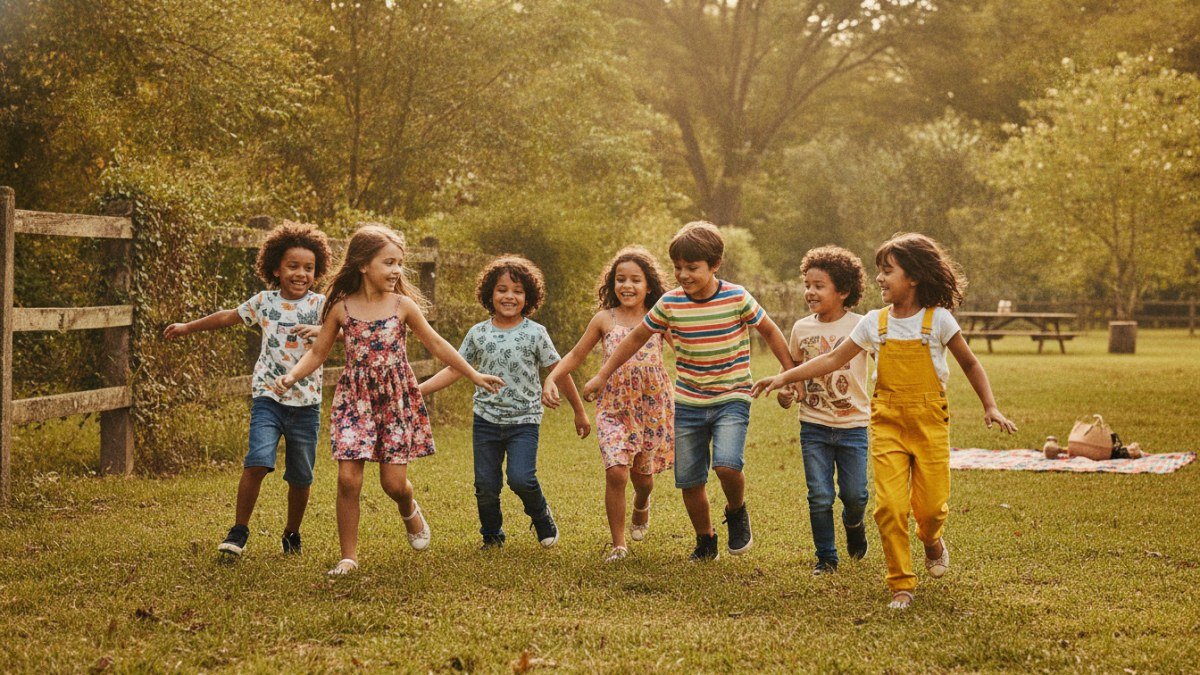Crianças de diversas idades correndo e brincando de pega-pega em um parque, vestindo roupas confortáveis e coloridas.