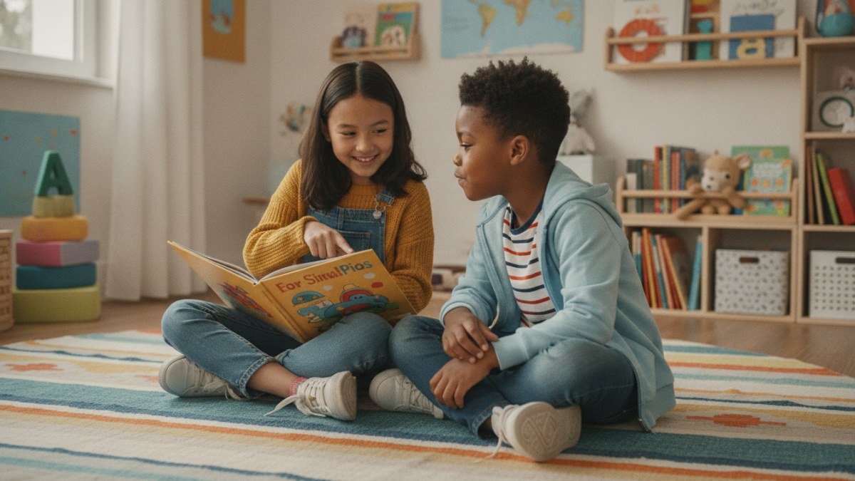 Duas crian&ccedil;as brincando com trava-l&iacute;nguas, uma lendo um livro e a outra ouvindo atentamente, em um ambiente divertido.