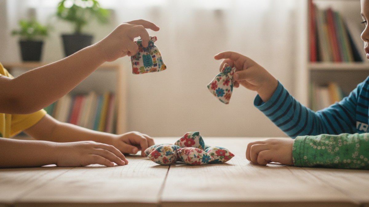 Mãos de crianças brincando com bolinhas de gude ou cinco marias, demonstrando concentração em um jogo tradicional.