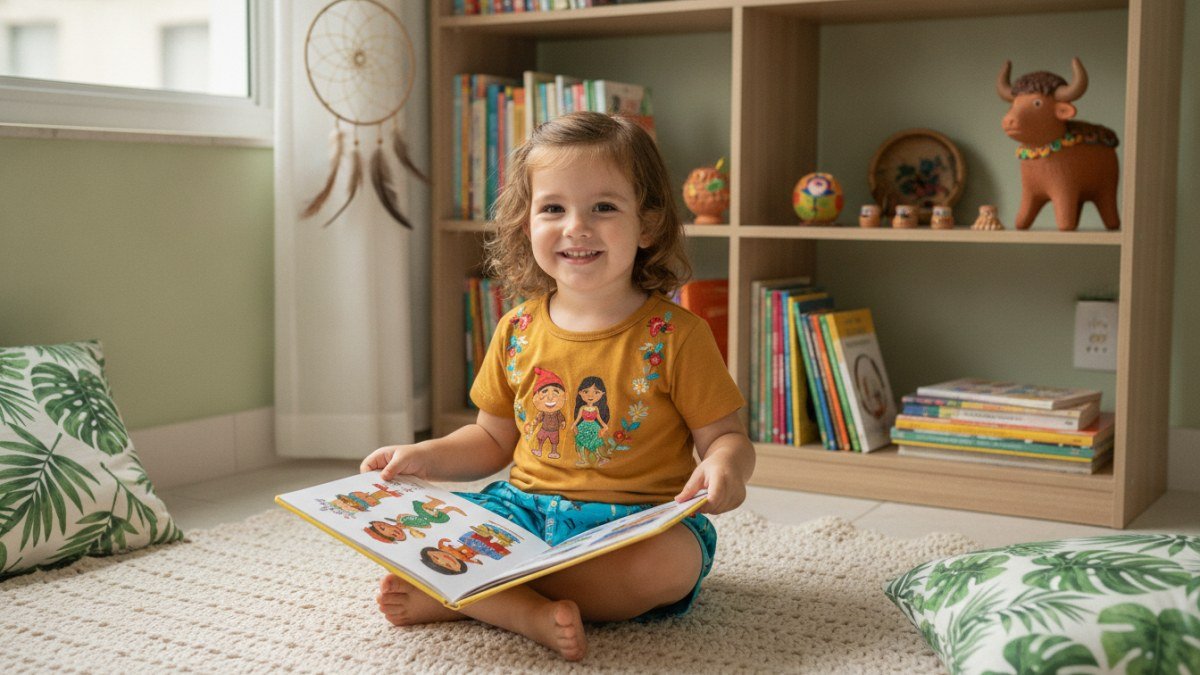 Crian&ccedil;a pequena lendo um livro sobre folclore brasileiro, com ilustra&ccedil;&otilde;es coloridas de personagens como Saci e Iara.