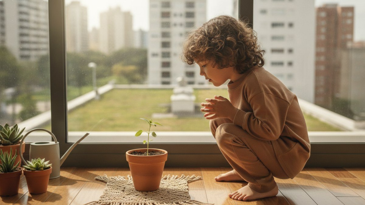Crian&ccedil;a em roupas confort&aacute;veis da Vitrine Madri observando uma planta em vaso na varanda de um apartamento, conectando-se com a natureza em um espa&ccedil;o pequeno.
