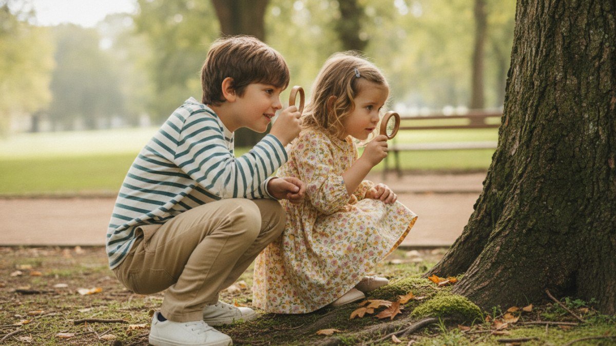 Duas crian&ccedil;as com roupas da Vitrine Madri em um parque, usando lupas para observar folhas e texturas de &aacute;rvores, explorando a natureza ao ar livre.
