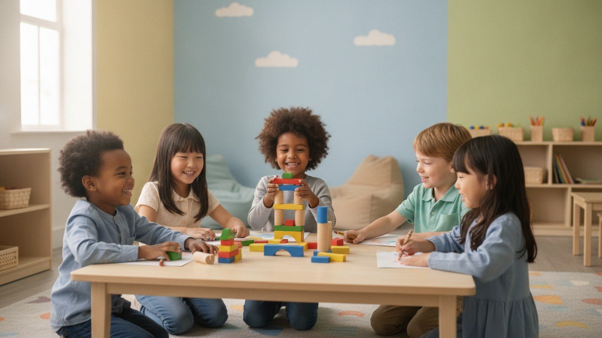 Crianças de educação infantil brincando juntas em um ambiente escolar, celebrando a alegria da infância.