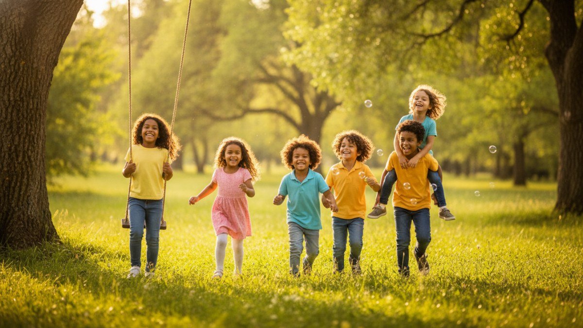 Crianças e adolescentes sorrindo e brincando juntas em um dia ensolarado, transmitindo a alegria da infância.