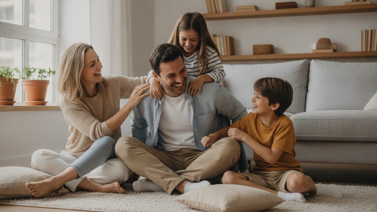 Família sorrindo e brincando junta em casa, celebrando o Dia das Crianças com afeto e simplicidade.