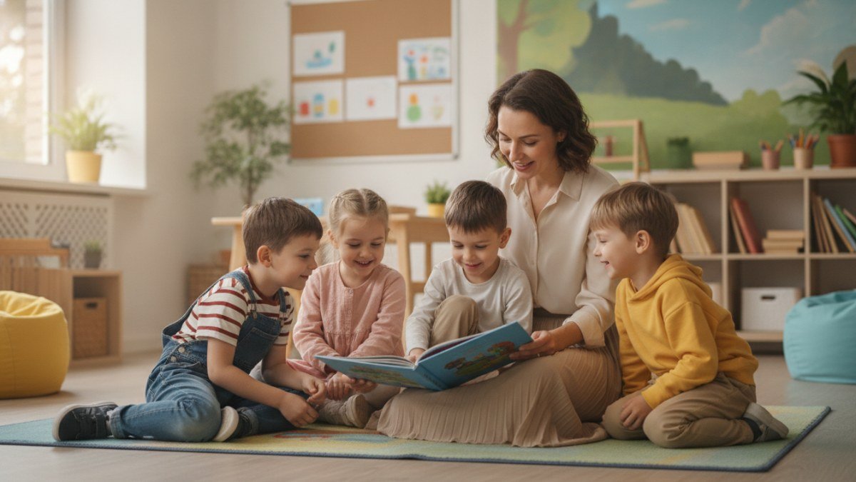 Professora e crianças em sala de aula, interagindo com carinho e aprendizado em um ambiente escolar acolhedor.